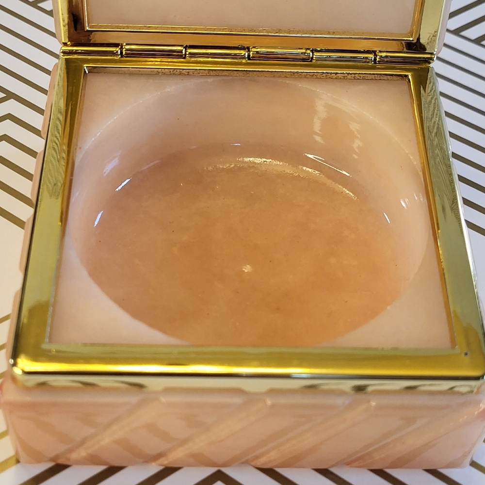 VTG Genuine Alabaster Stone Square Trinket Jewelry Box Hinged Peach Floral Brass - Picture 10 of 15